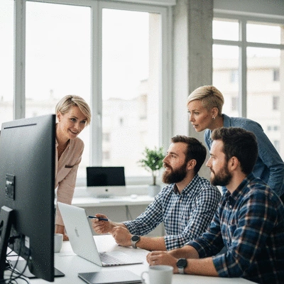 Team of SEO specialists collaborating in a modern office in Avignon, discussing digital marketing strategies, no text, no words, no typography, clean image