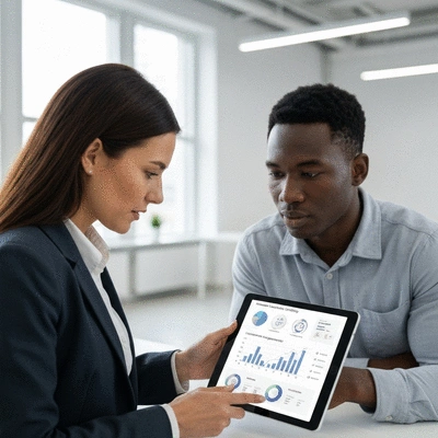Two business people reviewing data on a tablet, showing increased local search visibility and customer engagement