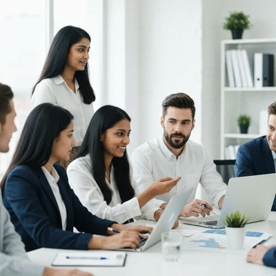 People in a professional meeting discussing SEO strategy, working together, no text, no words, no typography, clean image
