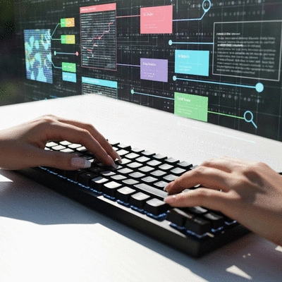Hands typing on a keyboard, with a background displaying SEO analytics and content strategy concepts