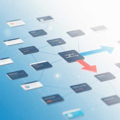 Repr&eacute;sentation visuelle d'une strat&eacute;gie de netlinking efficace, avec des liens entre diff&eacute;rents sites web et une fl&egrave;che pointant vers une autorit&eacute; de domaine &eacute;lev&eacute;e