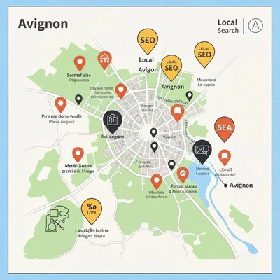 Map of Avignon with local business pins highlighting SEO services, clean design, no text, no words, no typography