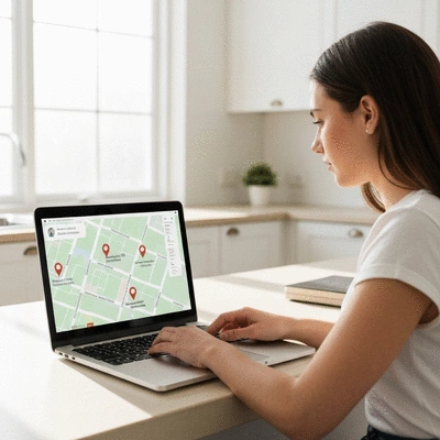 Person using a laptop to research local businesses, with a map and location pins on the screen, clean image, no text
