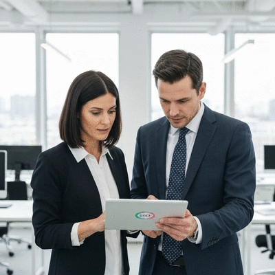 Two business people collaborating on a digital marketing strategy, looking at a tablet with SEO analytics, bright modern office