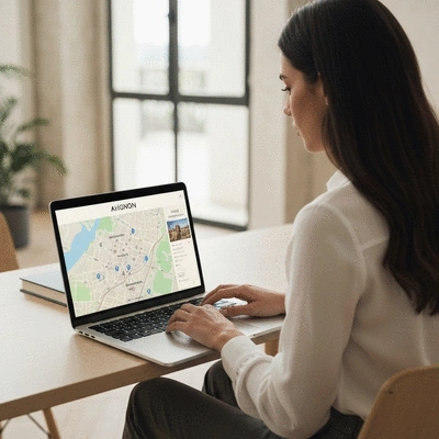 Person using a laptop to research local businesses in Avignon, with a map on the screen
