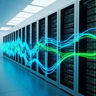 Server racks and data flow visualization, representing Gzip/Brotli compression and CDN
