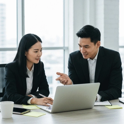Two professionals discussing SEO strategies in an office setting