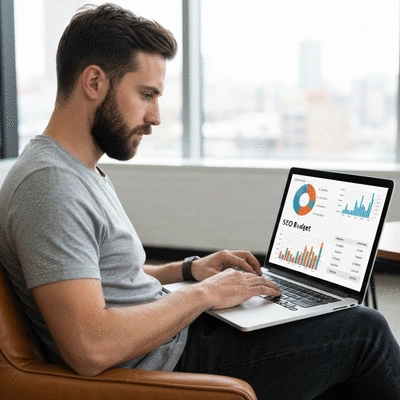 Person analyzing SEO budget on a laptop with charts and financial figures, clean image, no text, no words, no typography