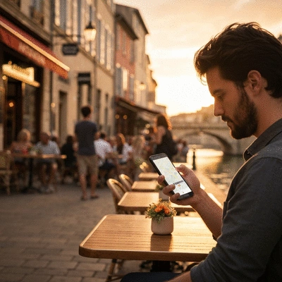 Person using a smartphone to search for local businesses in Avignon, France, with a map overlay