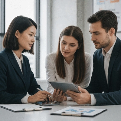 Two business owners collaborating with a local SEO agency representative, discussing digital marketing strategies on a tablet, professional and modern setting, no text, no words, no typography, 8K