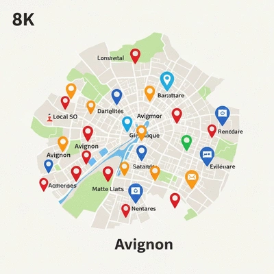 Carte stylis&eacute;e d'Avignon avec des &eacute;pingles de localisation et des ic&ocirc;nes de SEO, symbolisant l'optimisation pour le march&eacute; local, no text, no words, no typography, clean image