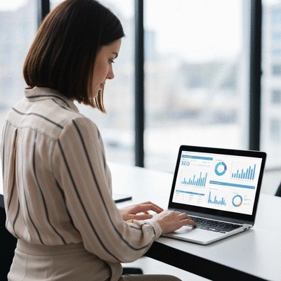 Personne utilisant un ordinateur portable pour le SEO local &agrave; Avignon