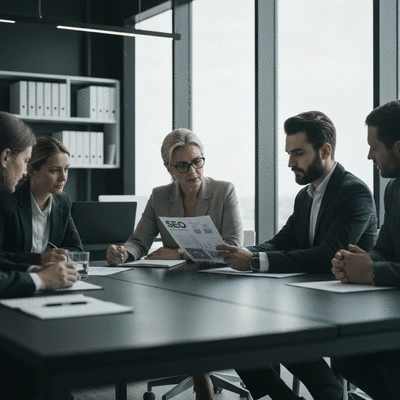 People discussing a detailed SEO proposal document at a meeting table