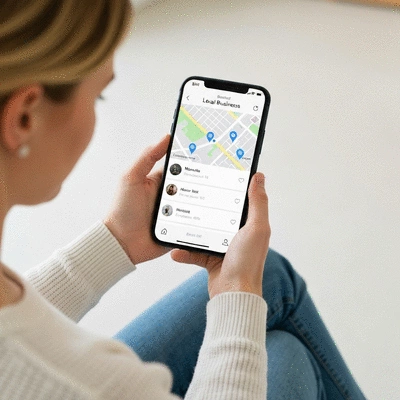 Person using a smartphone to search for local businesses, with a map and business listings displayed on the screen, in a clean, modern setting, no text, no words, no typography, 8K