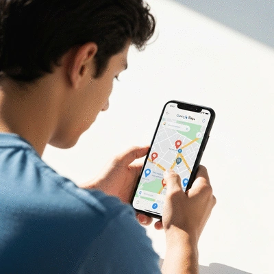 Personne utilisant Google Maps sur un smartphone pour trouver une entreprise locale, avec des &eacute;pingles de localisation sur une carte