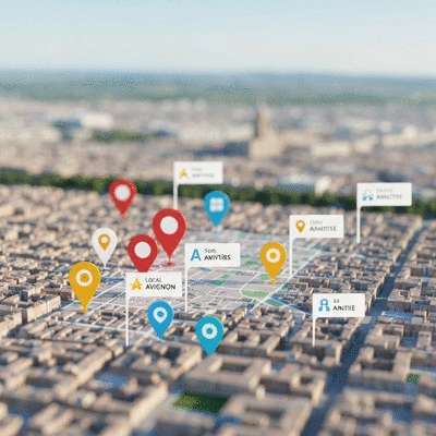 Repr&eacute;sentation visuelle de la visibilit&eacute; locale SEO &agrave; Avignon, avec des ic&ocirc;nes de localisation et de classement sur une carte de la ville