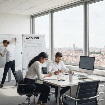 Modern office workspace with a team collaborating on local SEO strategies for Avignon