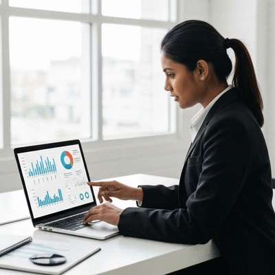 Person using a laptop to analyze SEO metrics, with charts and graphs on screen, clean image, no text, no words, no typography