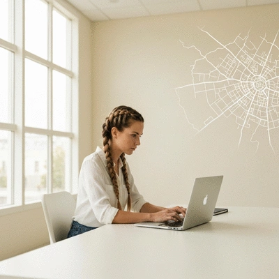 Expert SEO local analysant des donn&eacute;es sur un ordinateur portable, avec une carte stylis&eacute;e d'Avignon en arri&egrave;re-plan, aucun texte, aucun mot, aucune typographie, image propre.