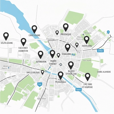 Stylized map of Avignon highlighting local businesses and search pins, no text, no words, no typography, clean image