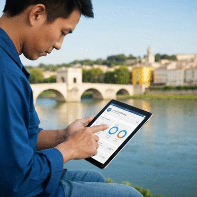 Artisan using a tablet to check local SEO rankings, with Avignon cityscape in background