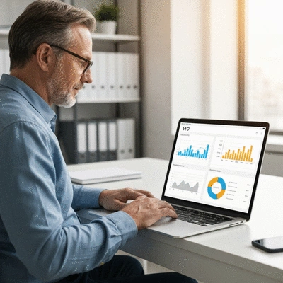 Person using a laptop with SEO analytics on screen, demonstrating online visibility and digital marketing