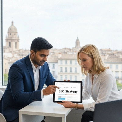 Two business professionals discussing SEO strategy on a tablet in a modern coworking space, with Avignon cityscape in the blurred background, no text, no words, no typography, 8K
