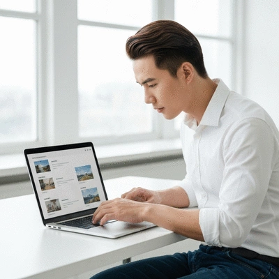 Person using a laptop with various website links displayed on screen, symbolizing netlinking strategy