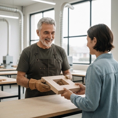 Smiling artisan interacting with a happy customer in a workshop