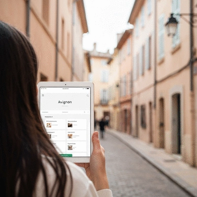 A person holding a tablet displaying local business search results for Avignon, with a blurred background of a street in Avignon, no text, no words, no typography, clean image