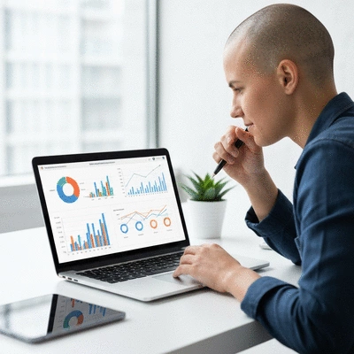 Person analyzing data on a laptop with charts and graphs, representing netlinking strategy analysis