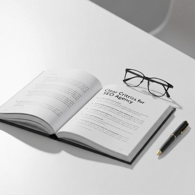 Livre ouvert sur une table avec des crit&egrave;res de s&eacute;lection pour une agence SEO, lunettes et stylo &agrave; c&ocirc;t&eacute;, aucun texte, aucun mot, aucune typographie, image propre.