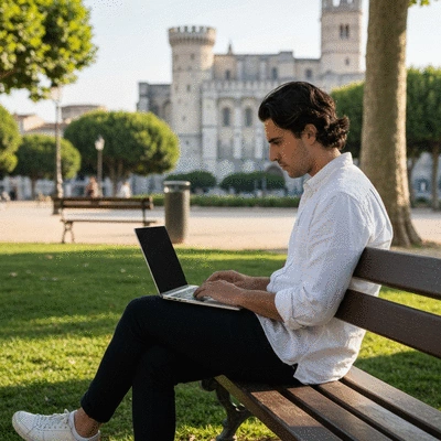 Person using a laptop to search for local businesses, with Avignon landmarks in the background