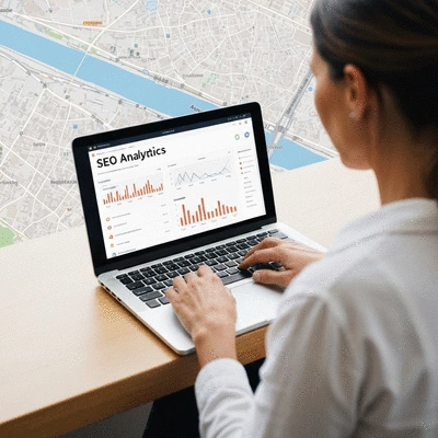 Person using a laptop with SEO analytics on screen, surrounded by city map of Avignon, no text, no words, no typography, 8K