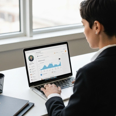 Person using a laptop to audit a Google Business Profile, focusing on a screen showing analytics and business information