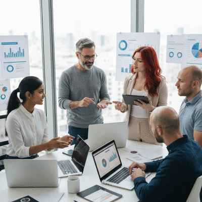 Diverse team collaborating on a multi-channel marketing strategy, with laptops, tablets, and charts, no text, no words, no typography, 8K