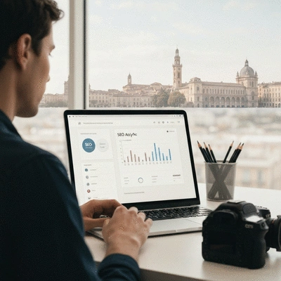 Person using a laptop with SEO analytics on screen in a modern office, Avignon in background
