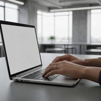 Close-up of a person's hands typing on a laptop keyboard, with a clean and modern office background, no text, no words, no typography, clean image