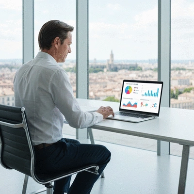 Person using a laptop to analyze SEO metrics with charts and graphs, representing technical SEO analysis, in a modern office environment, Avignon in background, no text, no words, no typography, no labels, clean image