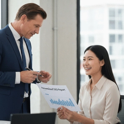 Professional SEO consultant explaining a personalized SEO report to a happy client in a modern office, symbolizing next steps for SEO