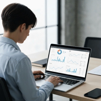 Person using a laptop to analyze SEO data with charts and graphs