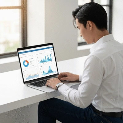 Person using a laptop to view SEO analytics, with charts and graphs on screen