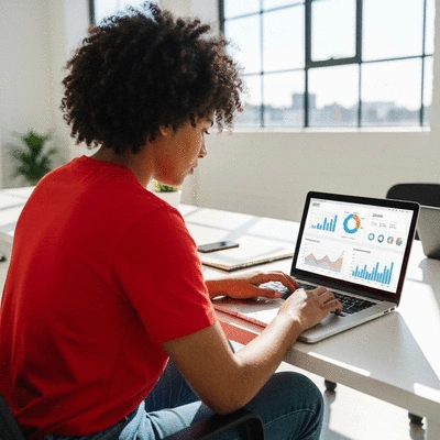 Person analyzing SEO data on a laptop, showing charts and graphs