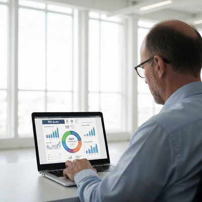 Personne utilisant un ordinateur portable avec des graphiques SEO à l'écran