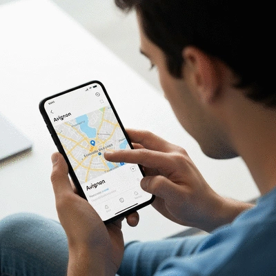 Personne utilisant un smartphone avec une carte d'Avignon affich&eacute;e