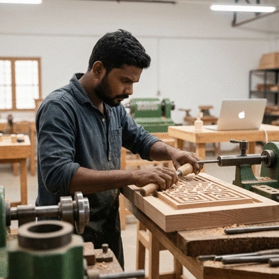 Artisan working on a project, with a laptop showing SEO analytics in the background