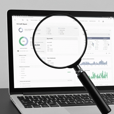 Magnifying glass over a laptop screen showing a website's SEO audit report, clean image, no text, no words, no typography