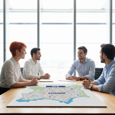 Professionnels en r&eacute;union discutant de strat&eacute;gies SEO autour d'une carte d'Avignon