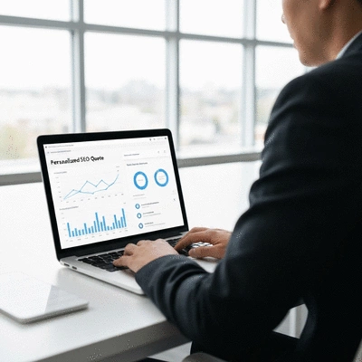 Person using a laptop to analyze SEO data on a dashboard, representing a personalized SEO quote process