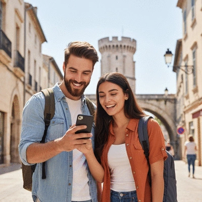 Un couple de touristes consultant un smartphone avec une carte d'Avignon en arri&egrave;re-plan